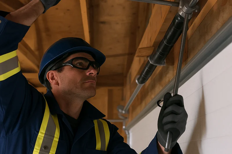 American Garage Door Solutions repair technician servicing a residential garage door in Daly City, CA