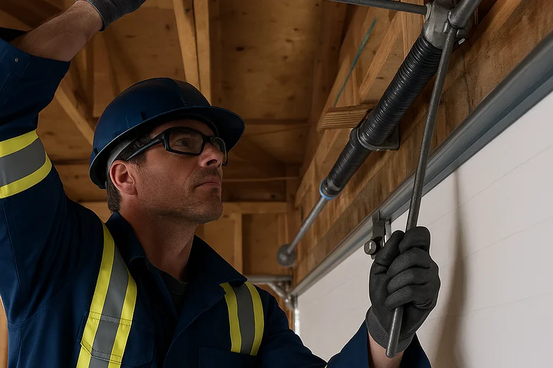 Garage door spring and cable inspection in San Mateo by American Garage Door Solutions — close-up of torsion spring system